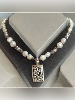 Freshwater Pearl, Red Garnet & Signed 925 Silver Collar Necklace